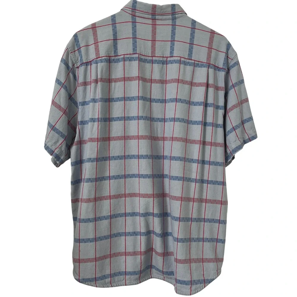 Tommy Bahama Mens Large 100% Silk Short Sleeve Button Down Plaid Shirt Blue Red